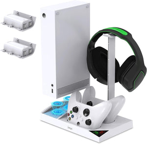 iPega Compatible with Xbox Series S Stand with Controller Charging Slots, Vertical Stand with 2 x 1400mAh Batteries and Headphone Stand (White)