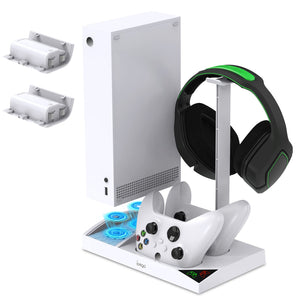 iPega Compatible with Xbox Series S Stand with Controller Charging Slots, Vertical Stand with 2 x 1400mAh Batteries and Headphone Stand (White)