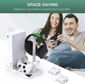 iPega Compatible with Xbox Series S Stand with Controller Charging Slots, Vertical Stand with 2 x 1400mAh Batteries and Headphone Stand (White)